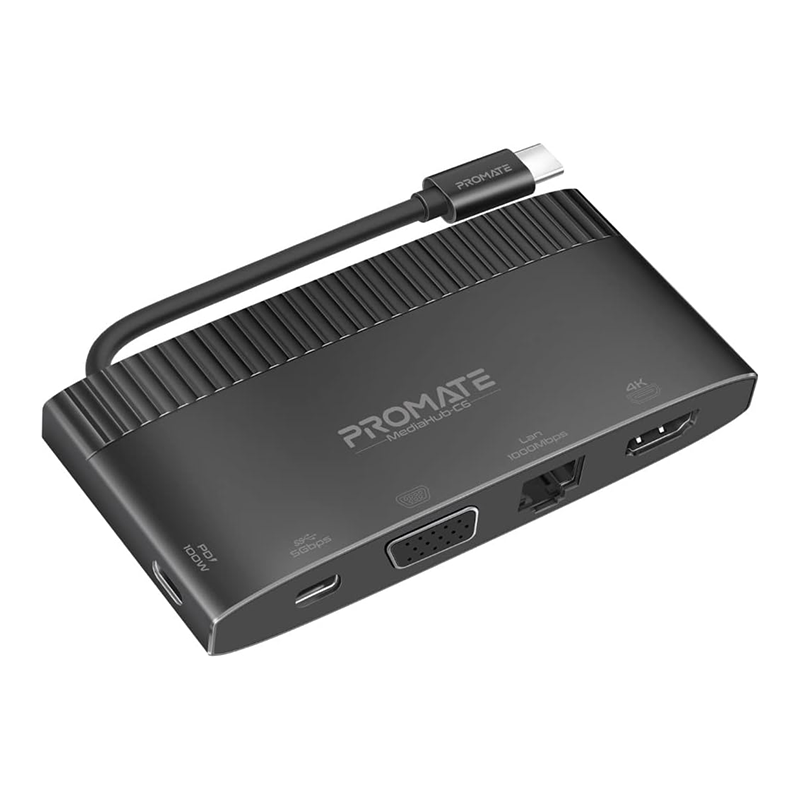 Promate USB-CHub, 6-in-1 Type-CSync/Charge Adapter with 4K HDMI, 1080p VGA, 1000Mbps LAN, 100W USB-CPower Delivery, 5Gbps USB 3.0 and USB-CPorts for MacBook Pro, iPad Air, Galaxy S22, MediaHub-C6